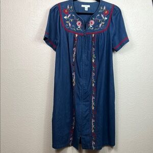 Go Softly Patio Denim Zip Front Embroidered House Lounge Patio Dress Medium